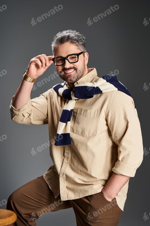 Preview: Stylish man showcases elegant outfit while posing confidently in fashion studio