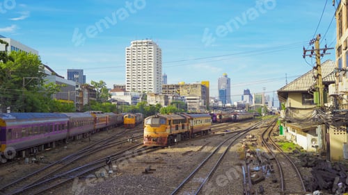 Preview: Train or tram on railway in urban city in public transportation. Vehicle