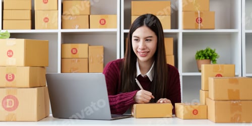 Preview: Small businesses SME owners female entrepreneurs check online orders to prepare to pack the boxes