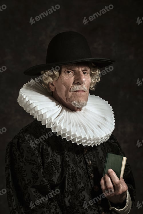 Preview: Official Portrait Of Historical Governor From The Golden Age. Holding A Book. Studio Shot Against