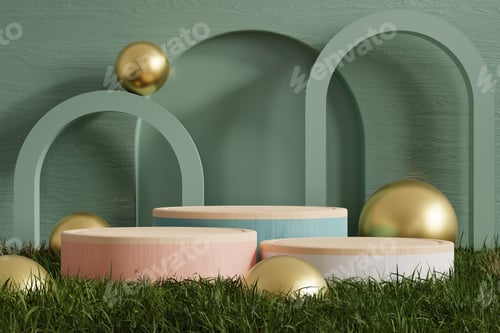 Preview: Podium in abstract dark green room composition for product presentation