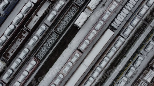Preview: Aerial view of a train yard with multiple railway lines, with cars on top