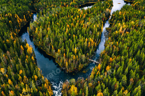 Preview: Aerial view of blue rivers and lakes in beautiful orange and red autumn forest, Finland.