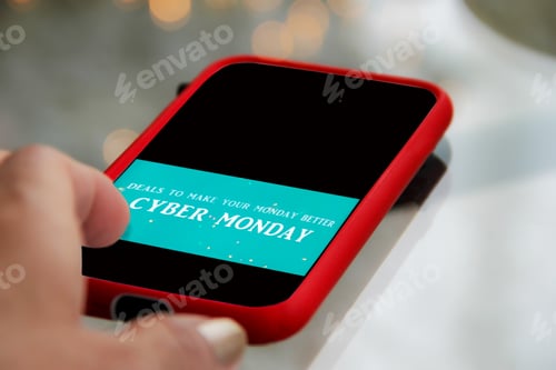 Preview: Closeup Low Angle View of Person Shopping Online Using Mobile Device During Cyber Monday Event
