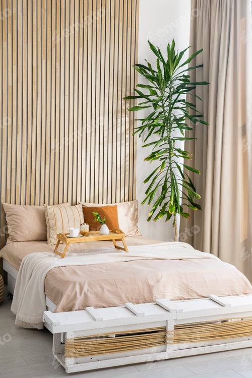 Preview: Cozy bedroom with modern decor and natural light in a minimalistic setting