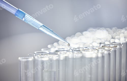 Preview: Science, test tubes and syringe for research, experiment or project in chemistry laboratory. Glass