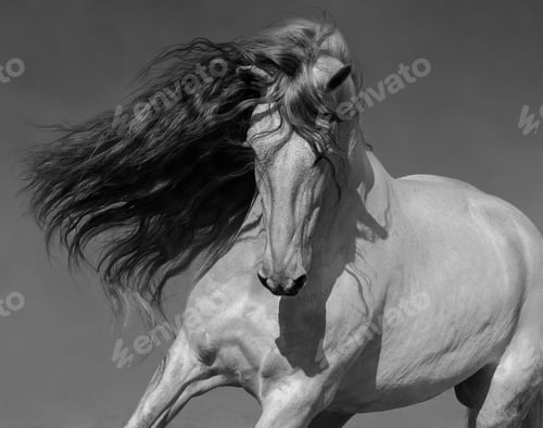 Preview: Black-and-white portrait of white Spanish horse with long mane.