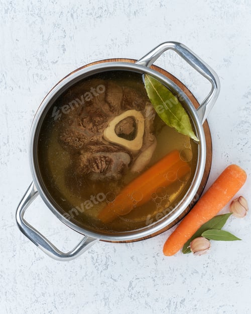 Preview: Paleo bone broth diet, beef meat soup. Low-carb food, keto recipe.