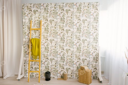 Preview: Exotic Photo Zone with Wooden Stairs, Books and Wicker Baskets in the Photo studio