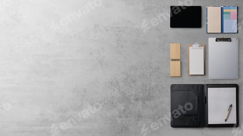 Preview: Flat lay top view office desk working space with stationary supplies on gray background. Copy space.