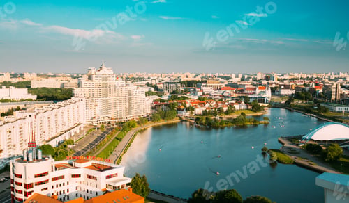 Preview: Minsk, Belarus. Elevated View Of Minsk Skyline In Sunny Summer Evening. Nemiga District In Sunset