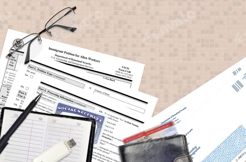 Preview: USCIS form I-140 Immigrant petition for alien workers lies on flat lay office table and ready to