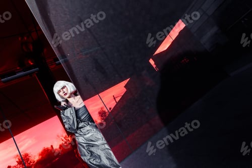 Visualização: Loira futurista elegante em estilo cyberpunk em um fundo de espelho vermelho.