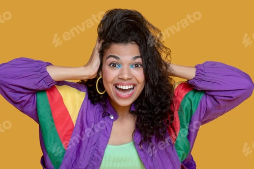 Preview: Cute dark-haired young girl in bright jacket holding her head
