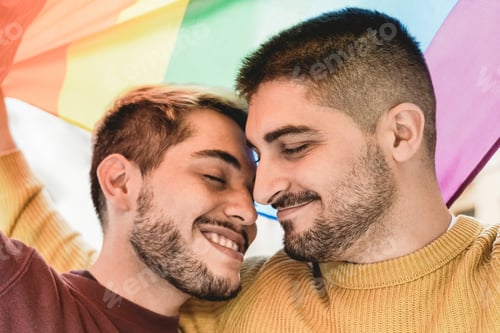 Preview: Happy Gay Couple Embracing Under Rainbow Flag - Lgbtq Tender Moment Outdoors