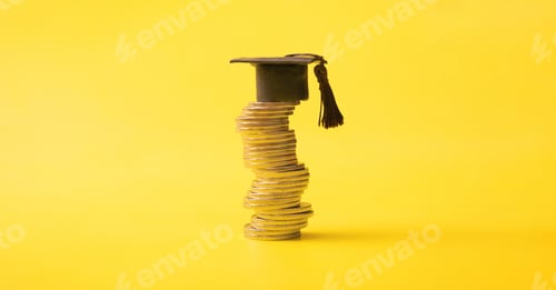 Preview: Graduated cap with coins on yellow background. Savings for education concept