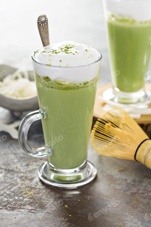 Preview: Matcha coconut latte in tall glasses