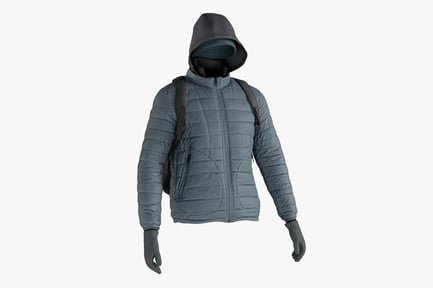 Preview: Men's Gray Puffer Jacket with Hat, Gloves and Backpack Outfit
