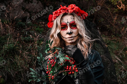 Preview: Closeup portrait of Calavera Catrina. Young woman with sugar skull makeup. Day of The Dead.
