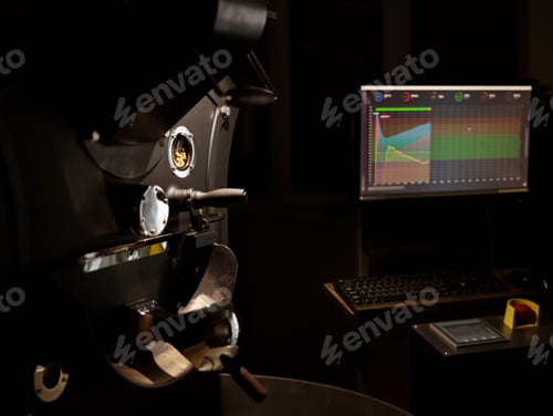 Preview: Professional coffee roasting machine and computer monitor