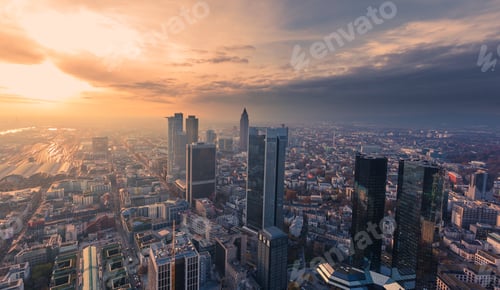 Preview: Frankfurt business district skyline at sunset