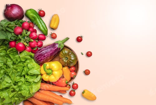 Preview: Fresh vegetables filling half frame on pink background promoting healthy eating