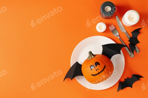 Preview: Table setting with halloween pumpkin on orange background
