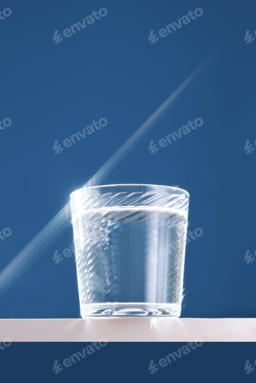 Preview: Glass of clean filtered water on blue background with beautiful glare.