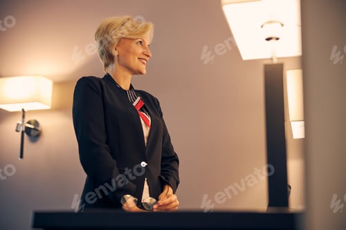 Preview: Beautiful joyful businesswoman standing in hotel room