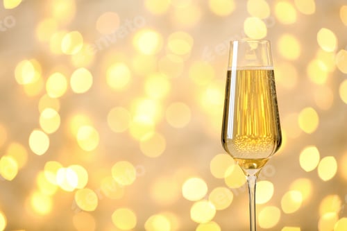 Preview: Glass of champagne against blurred lights. Space for text
