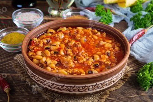 Preview: Chili con carne in a bowl on wooden background. Mexican cuisine