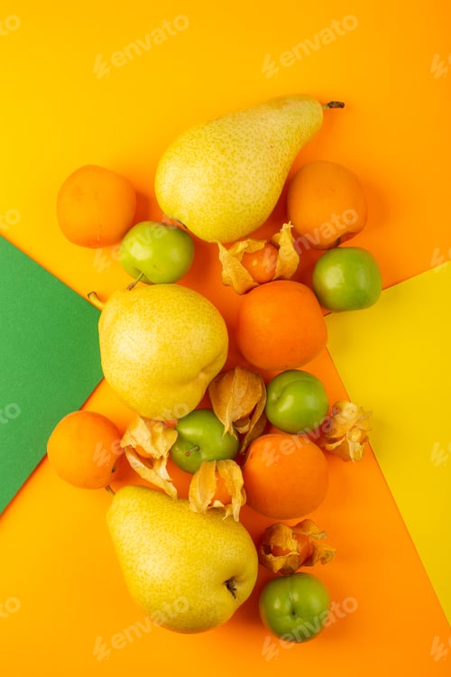 Preview: a top view fruit composition fresh pears cherry-plums apricots isolated on the colorful background