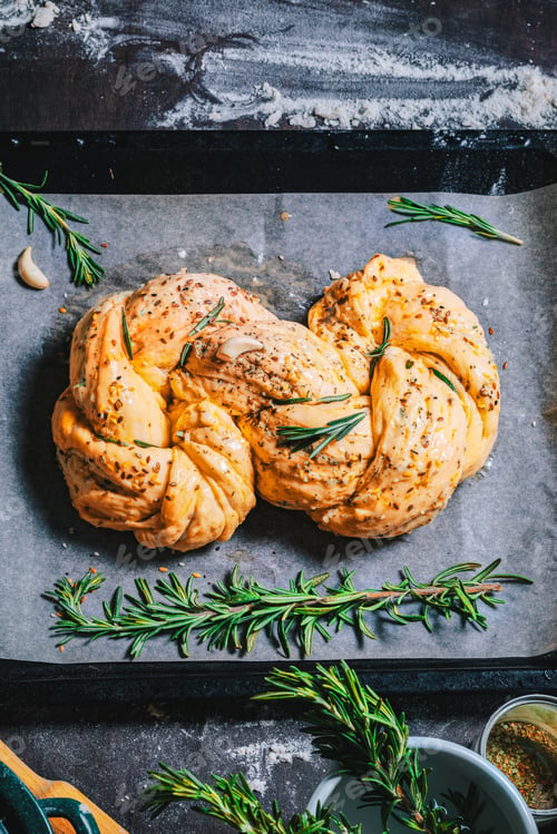 Preview: Woman is preparing homemade bitten fresh herb bread rolls of Provencal herbs with salt and garlic