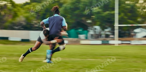 Preview: Rugby, tackle and action, black man running to score goal on field at game, match or practice worko