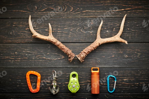 Preview: Travel items for hiking over wooden background