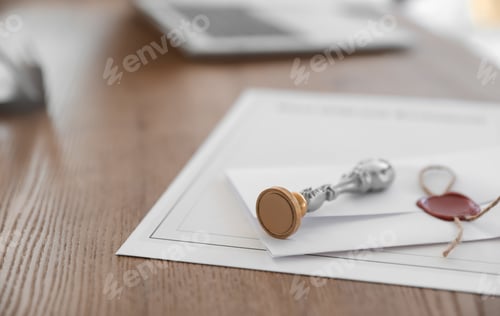 Preview: Vintage notary stamp and documents on desk, closeup