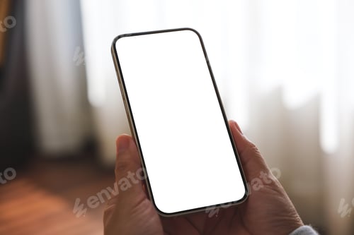 Preview: Mockup image of a woman holding mobile phone with blank desktop screen