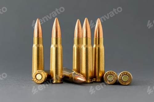 Preview: Bullets on gray background. Cartridges 7.62 caliber for Kalashnikov assault rifle closeup