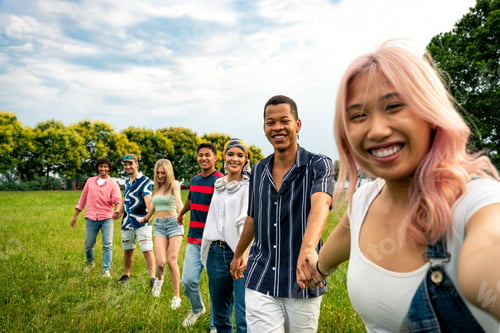 Preview: Group of multiethnic teenagers spending time outdoor on a picnic at the park