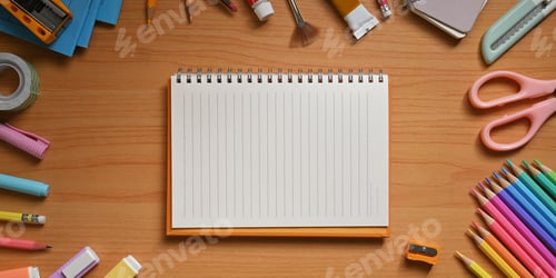 Preview: Top view image of the student desk is surrounding by an empty notebook and stationary.