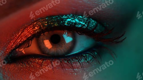 Preview: Extreme close up of human eye iris under violet neon light. Female with beautiful makeup