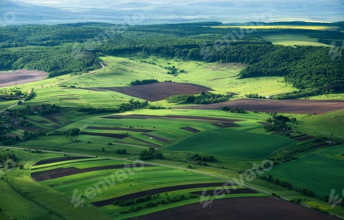 Preview: View on the field from the air. Agricultural landscape at the summer time.