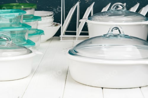 Preview: White pot cookware in a kitchen interior