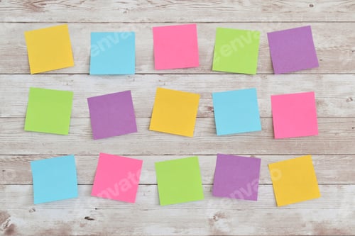 Preview: Blank copy space post-it sticky memo notes on a wall ready for messages. Muted, pastel, colorful