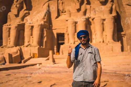 Preview: A Young Tourist With A Blue Turban Visiting The Abu Simbel Temple In Southern Egypt In Nubia Next