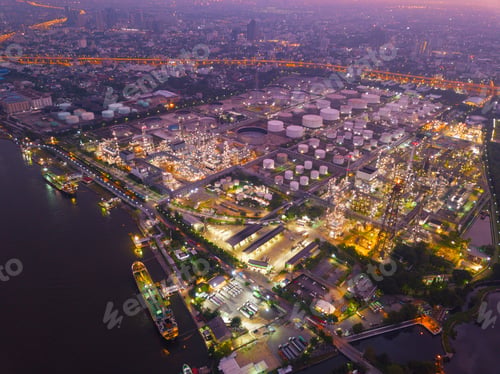 Preview: Petrochemical oil refinery in Bangkok City, Thailand. Oil and gas tanks in industry factory.