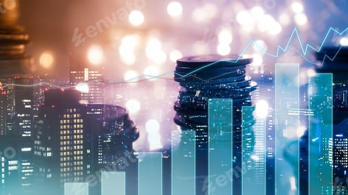 Preview: Double Exposure Of City View , Diagram Bar And Line Graph , Rows Of Coins For Finance , Money