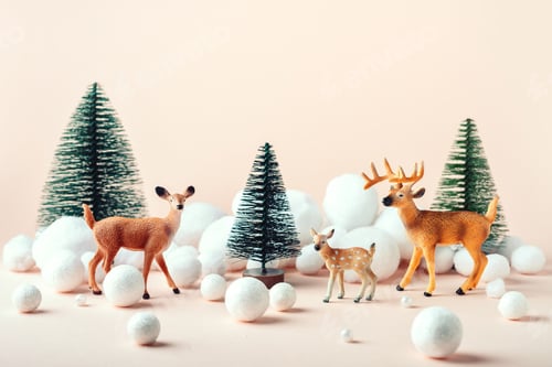 Preview: Figurines of a family of deer in a winter Christmas composition with trees and snow