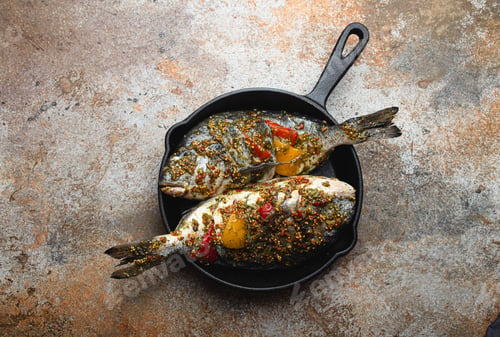Preview: Raw fish dorado stuffed with vegetables for healthy cooking top view