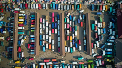 Preview: Aerial shot of a lorry station full of colorful cars, Ghana